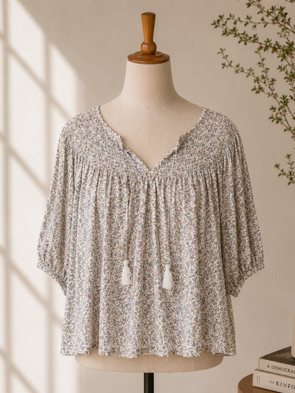 Old Navy Ditsy Floral Smocked Blouse XL Boho Peasant Tassel Tie Puff Sleeve